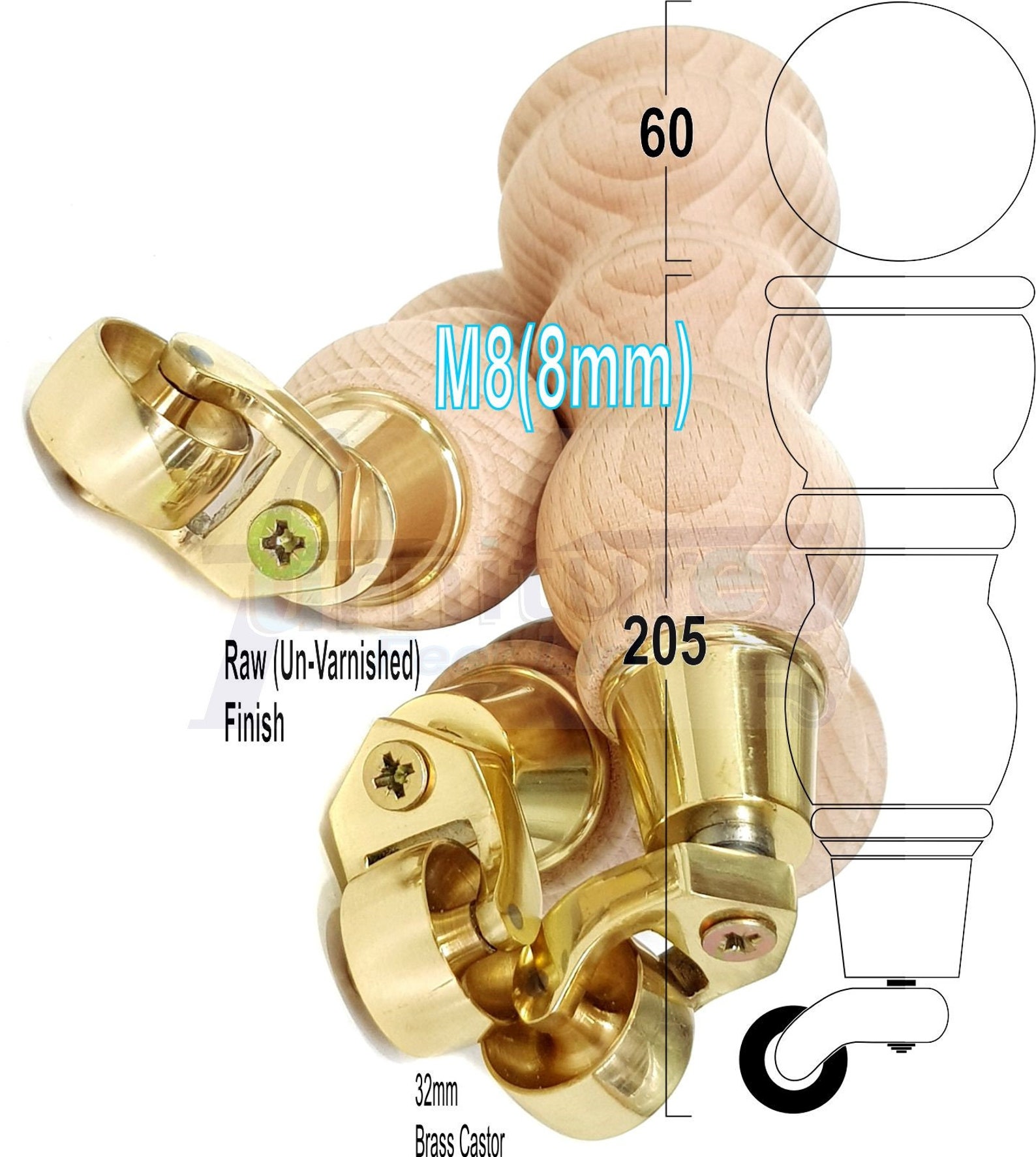 Solid Wood Furniture Feet With Brass Castors Set of 4 Legs Etsy