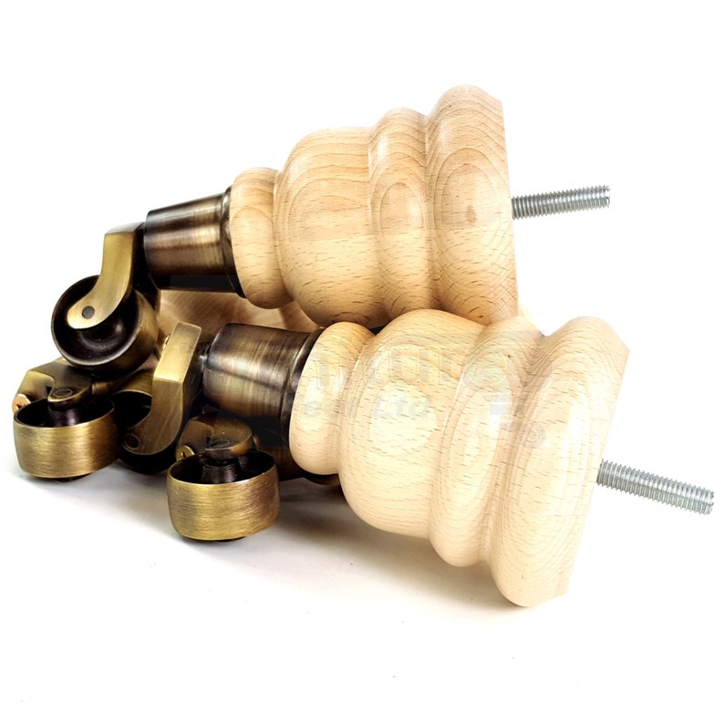 Solid Wood Furniture Feet With Antique Brass Castors Set of 4 Etsy
