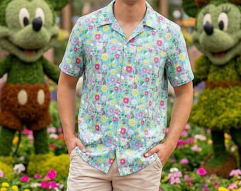 Neon Spring Floral Mickey & Friends - Men's Button Down Short-Sleeved Pocket Shirt (Made in USA)
