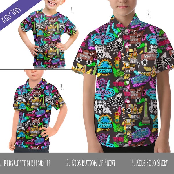 Neon Radiator Springs - Tops pour enfants inspirés du parc à thème - Chemise boutonnée, polo ou t-shirt pour enfants