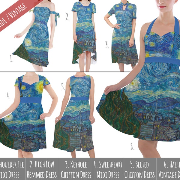 Van Gogh Starry Night - Fine Art Midi Dress in Xs - 5XL - Vintage Retro Inspired - RUSH AVAIL!