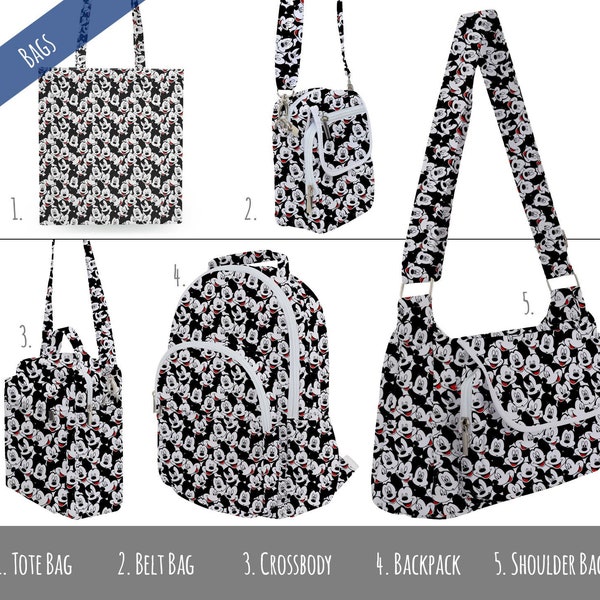 Many Faces of Mickey Mouse - Theme Park Inspired Bags - Tote, Belt Bag, Crossbody, Backpack, or Shoulder Bag Purse - RUSH AVAIL!