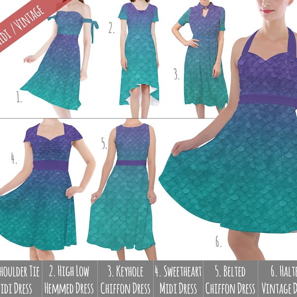 Ariel Mermaid - Theme Park Inspired Midi Dress in Xs - 5XL - Vintage Retro Inspired - RUSH AVAIL!