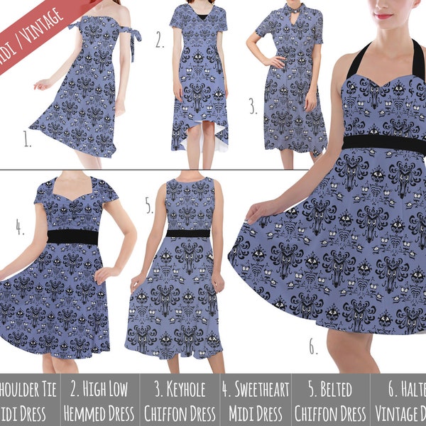 Haunted Mansion Wallpaper - Theme Park Inspired Midi Dress in Xs - 5XL - Vintage Retro Inspired - RUSH AVAIL!