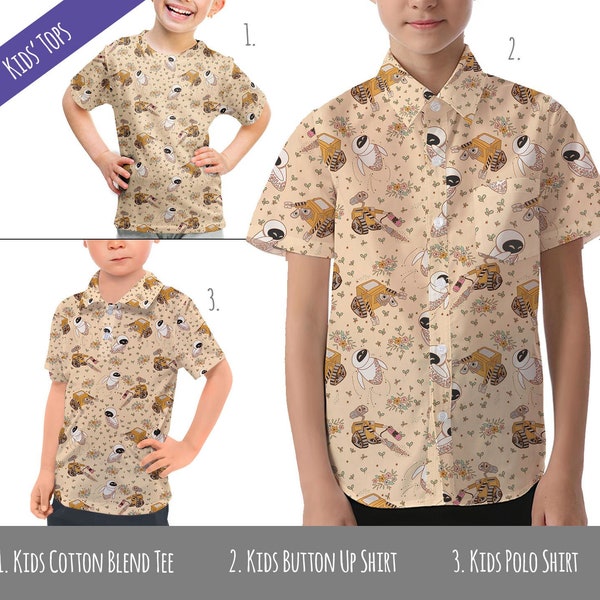 Floral Wall-E et Eve - hauts pour enfants inspirés de Disney - chemise boutonnée, polo ou t-shirt pour enfants - DISPONIBLE RAPIDEMENT !