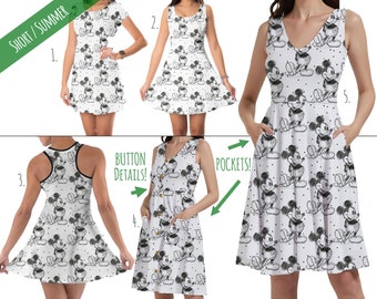 Sketch of Mickey Mouse - Theme Park Inspired Dress in Xs - 5XL - Short Length Styles - RUSH AVAIL!