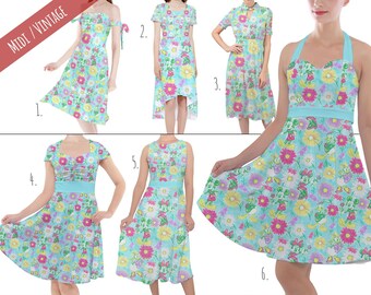Neon Spring Floral Mickey & Friends - Theme Park Inspired Midi Dress in XS - 5XL - Vintage Retro Inspired