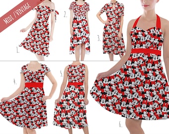 Many Faces of Minnie Mouse - Theme Park Inspired Midi Dress in XS - 5XL - Vintage Retro Inspired