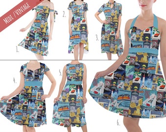 Tomorrowland Vintage Attraction Posters - Theme Park Inspired Midi Dress in XS - 5XL - Vintage Retro Inspired