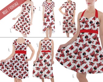 Minnie Bows and Mouse Ears - Theme Park Inspired Midi Dress in Xs - 5XL - Vintage Retro Inspired - RUSH AVAIL!