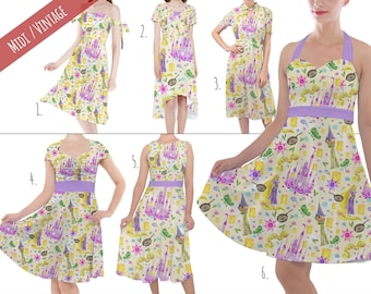 Watercolor Tangled - Long Haired Princess Inspired Midi Dress in XS - 5XL - Vintage Retro Inspired