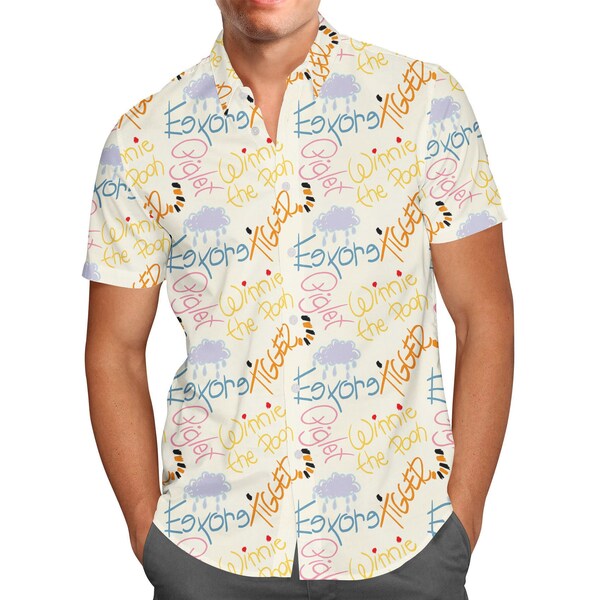 Sketched Pooh Autographs - Theme Park Inspired Men's Button Down Short-Sleeved Shirt in Xs - 5XL - RUSH AVAIL!