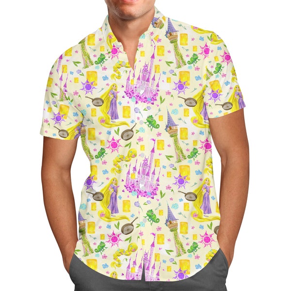 Watercolor Tangled - Rapunzel Inspired Men's Button Down Short-Sleeved Shirt in Xs - 5XL - RUSH AVAIL!