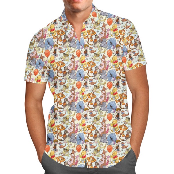 Winnie The Pooh & Friends Sketched - Theme Park Inspired Men's Button Down Short-Sleeved Shirt in Xs - 5XL - RUSH AVAIL!