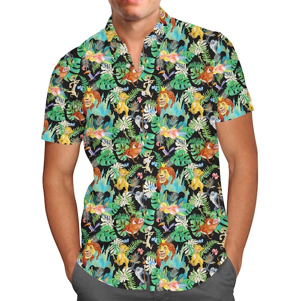 Jungle aquarelle du roi lion - chemise boutonnée à manches courtes pour hommes inspirée des parcs à thème en XS - 5XL - RUSH AVAIL !