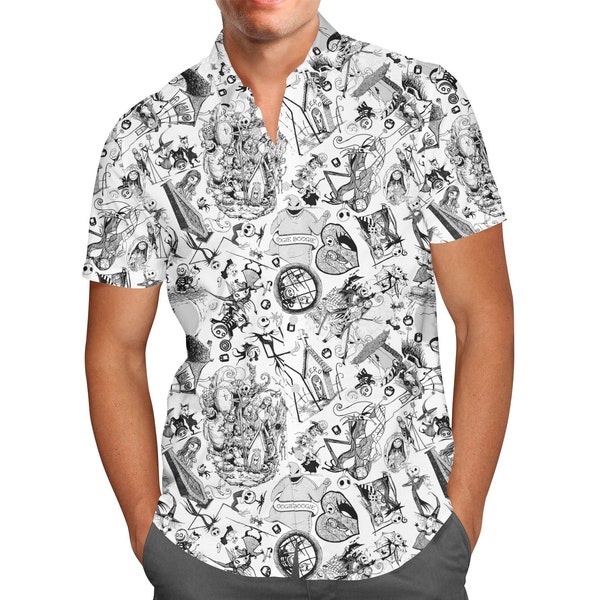 Nightmare Sketches Halloween Inspired - Men's Button Down Short-Sleeved Shirt in Xs - 5XL - RUSH AVAIL!