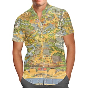 Disneyland Vintage Map - Men's Button Down Short-Sleeved Shirt in Xs - 5XL - RUSH AVAIL!