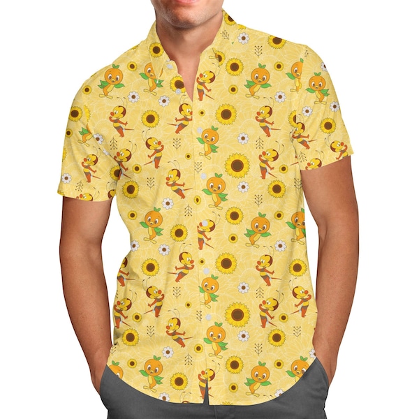 Spike The Bee and Orange Bird - WDW Epcot Flower Garden Festival Men's Button Down Short-Sleeved Shirt in Xs - 5XL - RUSH AVAIL!