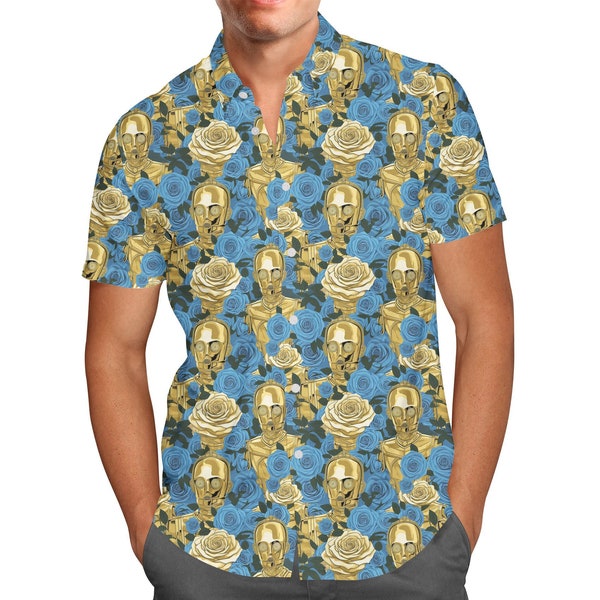 Retro Floral C3PO Droid - Theme Park Inspired Men's Button Down Short-Sleeved Shirt in Xs - 5XL - RUSH AVAIL!