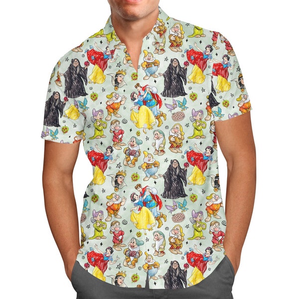 Blancanieves y los siete enanitos esbozados - Camisa de manga corta con botones para hombre inspirada en el parque temático en Xs - 5XL - ¡DISPONIBLE DE URGENCIA!