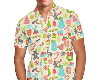 Hidden Mickeys Colorful Retro Theme Park Christmas - Men's Button Down Short-Sleeved Shirt in XS - 5XL