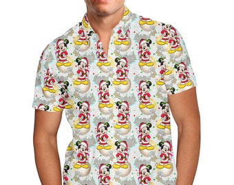 Santa Mickey Mouse - Theme Park Inspired Men's Button Down Short-Sleeved Shirt in XS - 5XL