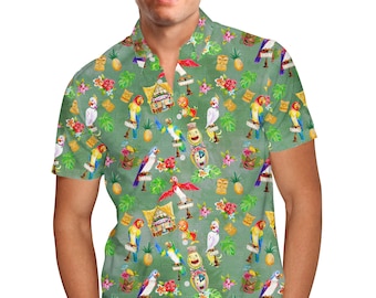 Orange Bird & Tiki Friends - WDW Inspired Men's Button Down Short-Sleeved Shirt in Xs - 5XL - RUSH AVAIL!