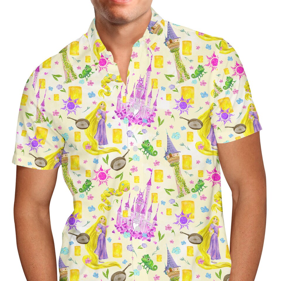 Discover Watercolor Tangled Disney Rapunzel Inspired Men's Button Down Short-Sleeved Shirt