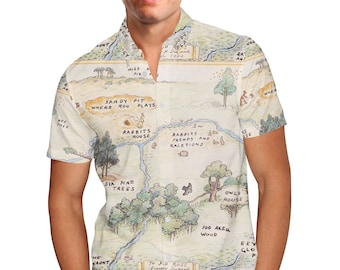 Hundred Acre Wood Map - Winnie The Pooh Inspired Men's Button Down Short-Sleeved Shirt in Xs - 5XL - RUSH AVAIL!