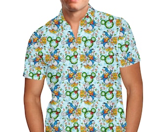 Donald Duck & the Christmas Lights - Theme Park Inspired Men's Button Down Short-Sleeved Shirt in XS - 5XL