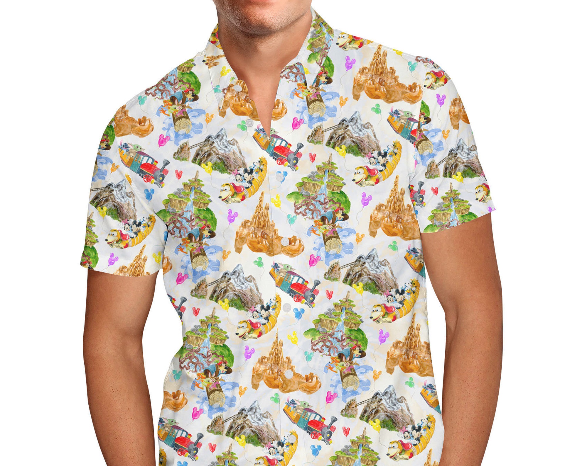 Discover Watercolor Disney Parks Trains & Drops Disneyland Hawaiin Shirt