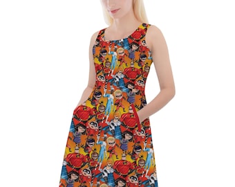 The Incredibles Sketched - Disney Inspired Skater Dress With Pockets in Xs - 5XL - RUSH AVAIL!