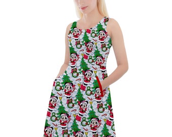 Santa Minnie Mouse - Theme Park Inspired Skater Dress With Pockets in XS - 5XL