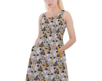Wall-E & Eve Sketched - Theme Park Inspired Skater Dress With Pockets in Xs - 5XL - RUSH AVAIL!