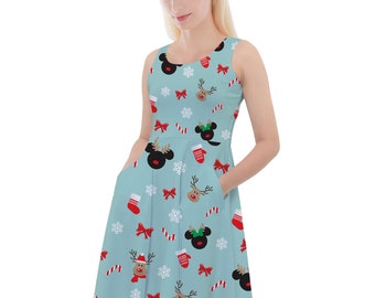 Christmas Mickey & Minnie Reindeers - Theme Park Inspired Skater Dress With Pockets in XS - 5XL