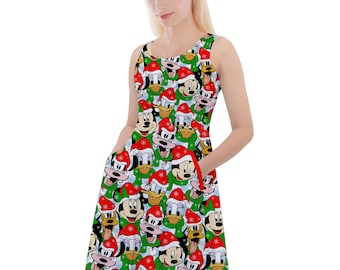 Mickey & Friends Santa Hats - Theme Park Inspired Skater Dress With Pockets in XS - 5XL