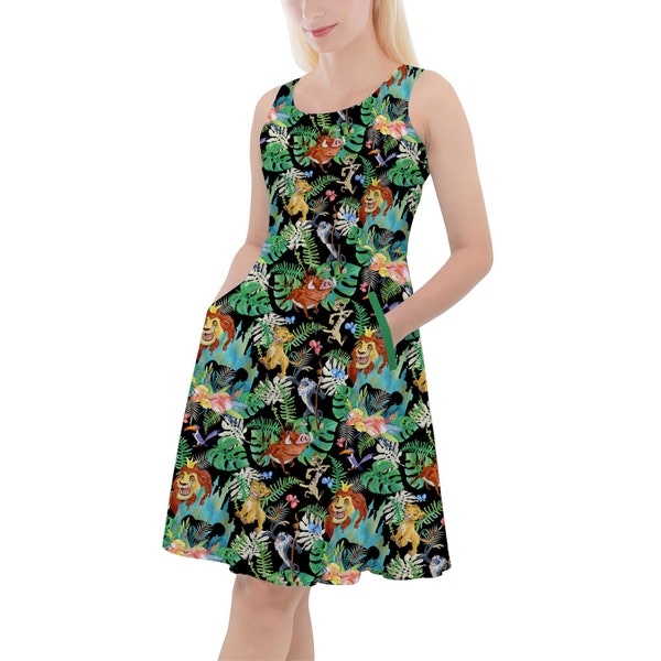 Watercolor Lion King Jungle - Theme Park Inspired Skater Dress With Pockets in Xs - 5XL - RUSH AVAIL!