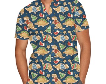 Gingerbread Cookie Christmas Dinosaurs - Theme Park Inspired Men's Button Down Short-Sleeved Shirt in XS - 5XL