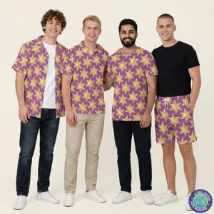 May include: Four people wearing matching purple clothing with a gold starburst pattern. The clothing includes a button-down shirt, a polo shirt, a t-shirt, and shorts. All are paired with white sneakers.