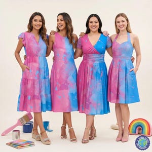 May include: Four dresses featuring a pink and blue watercolour-style print. The first is a tiered dress with flutter sleeves. The second is a sleeveless sheath dress. The third is a short-sleeved wrap-style dress. The fourth is a halter-neck dress.