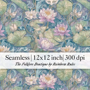 Könnte beinhalten: Nahtloses Blumenmuster mit Seerosen und Seerosenblättern in Rosa, Weiß und Grün auf blauem Hintergrund. Der Text lautet "Seamless | 30.5x30.5 cm | 300 dpi" und "The Folklore Boutique by Rainbow Rules."