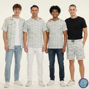 May include: Four outfits featuring a repeating horizontal train pattern. The first is a short-sleeve button-down shirt over a white t-shirt and light blue jeans. The second is a polo shirt and white pants. The third is a t-shirt and dark jeans. The fourth is a black t-shirt and patterned shorts.