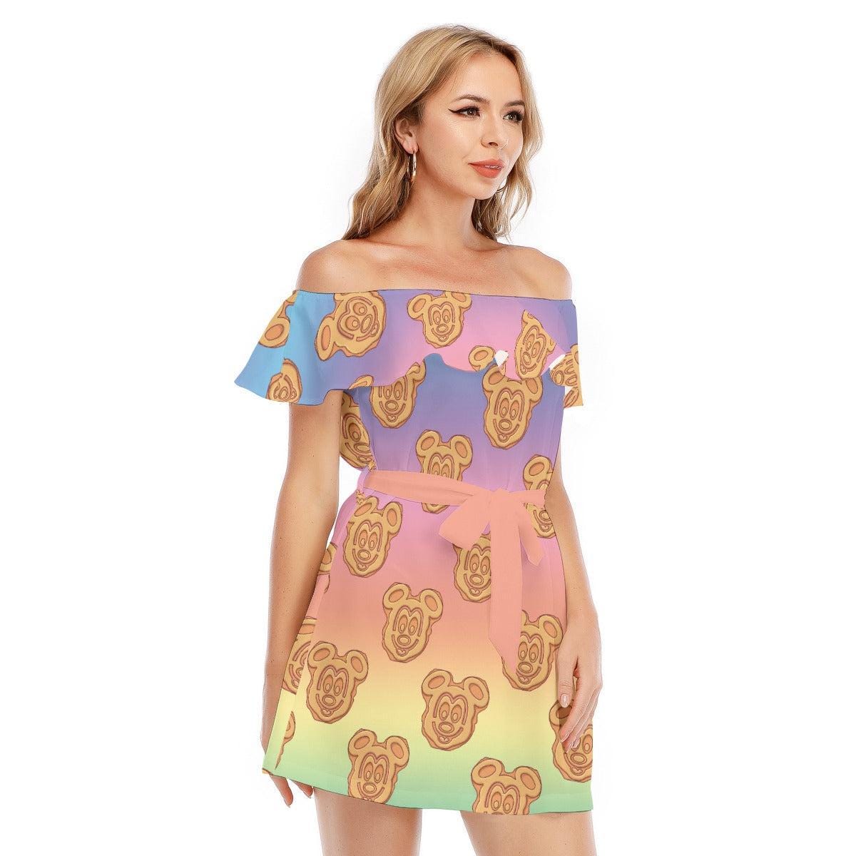 Discover Mickey Waffles Rainbow - Disney Inspired Summer Off-shoulder Ruffle Dress, Mother's Day Gift