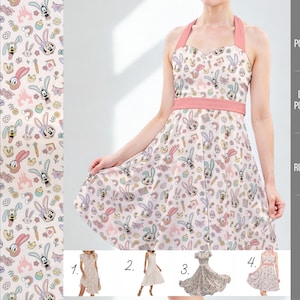 Puede incluir: Vestido midi con cuello halter y cintura rosa. El vestido presenta un estampado de conejitos de dibujos animados, zanahorias y otros gráficos temáticos de Pascua. El sitio web Rainbowkules.com es visible.