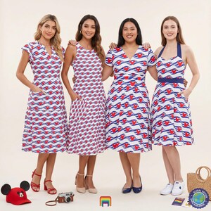 May include: Four dresses featuring a white background with blue wavy lines and red Mickey Mouse head silhouettes. The dresses have varying necklines, including V-neck, sleeveless, and halter styles, all with a knee-length, flared skirt design.
