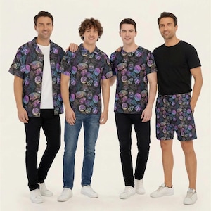 May include: Four clothing items featuring a dark fabric with a colourful, repeating Star Wars character pattern. The items include a button-up shirt, a polo shirt, a short-sleeve t-shirt, and pocket beach shorts, all displayed with text labels.