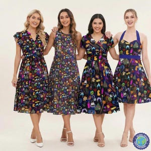 May include: Four knee-length dresses featuring a black base with a colourful, repeating pattern of various magical icons, including crowns, potions, and wands. The dresses have different necklines and sleeve styles, including flutter sleeves and halter tops.