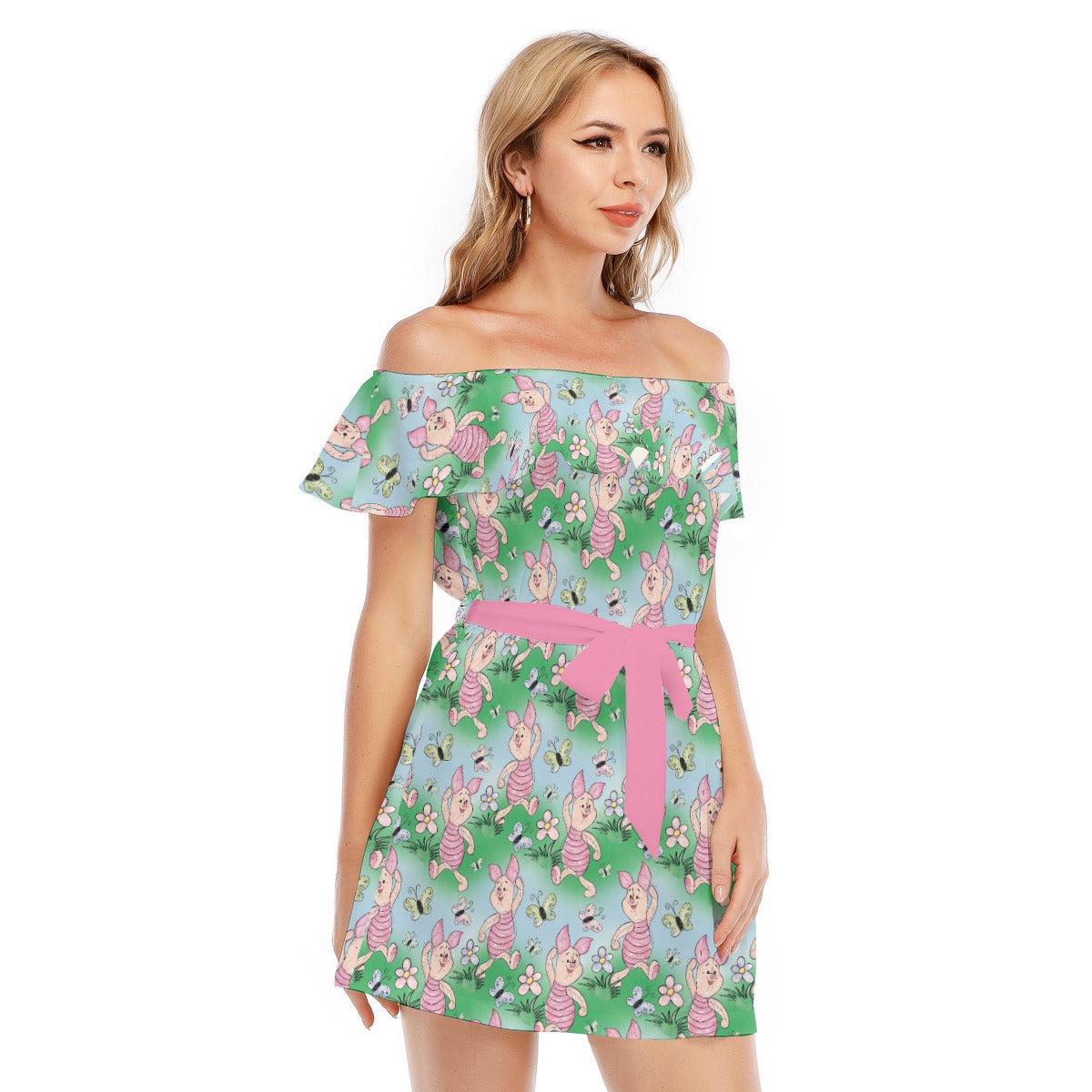 Discover Sketched Piglet and Butterflies - Disney Inspired Summer Off-shoulder Ruffle Dress, Mother's Day Gift
