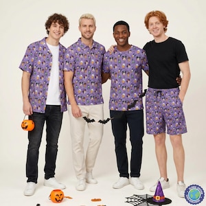 May include: Four individuals wearing purple clothing featuring a repeating Halloween-themed Disney character print. The garments include a short-sleeved button-down shirt, a polo shirt, a t-shirt, and shorts, paired with dark jeans, light trousers, and dark pants.