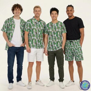May include: Four people wearing different outfits. One is wearing a white t-shirt with a green patterned shirt and blue jeans. Another is wearing a green patterned shirt and white shorts. The third is wearing a green patterned t-shirt and green pants. The last is wearing a black t-shirt and green patterned shorts.